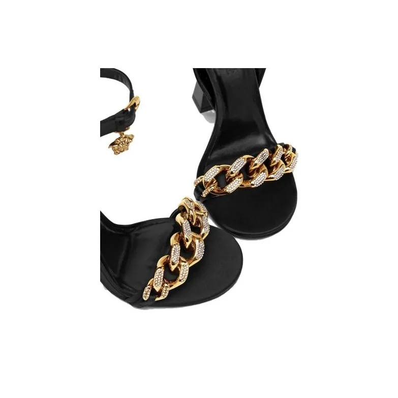 VERSACE Medusa 110mm Chain High Heeled Sandals Black Satin Women's-3
