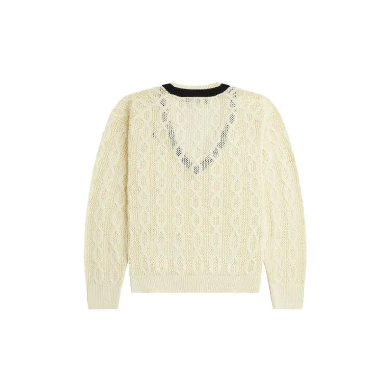 FRED PERRY Open Knit V Neck Jumper Sweater Women's Light Yellow-1