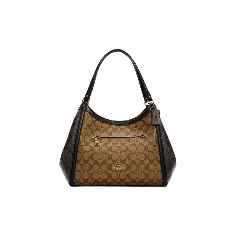 COACH Kristy Canvas With Leather Canvas Bag Bucket Bag One Shoulder Handbag Large Size Women's Khaki Brown-0