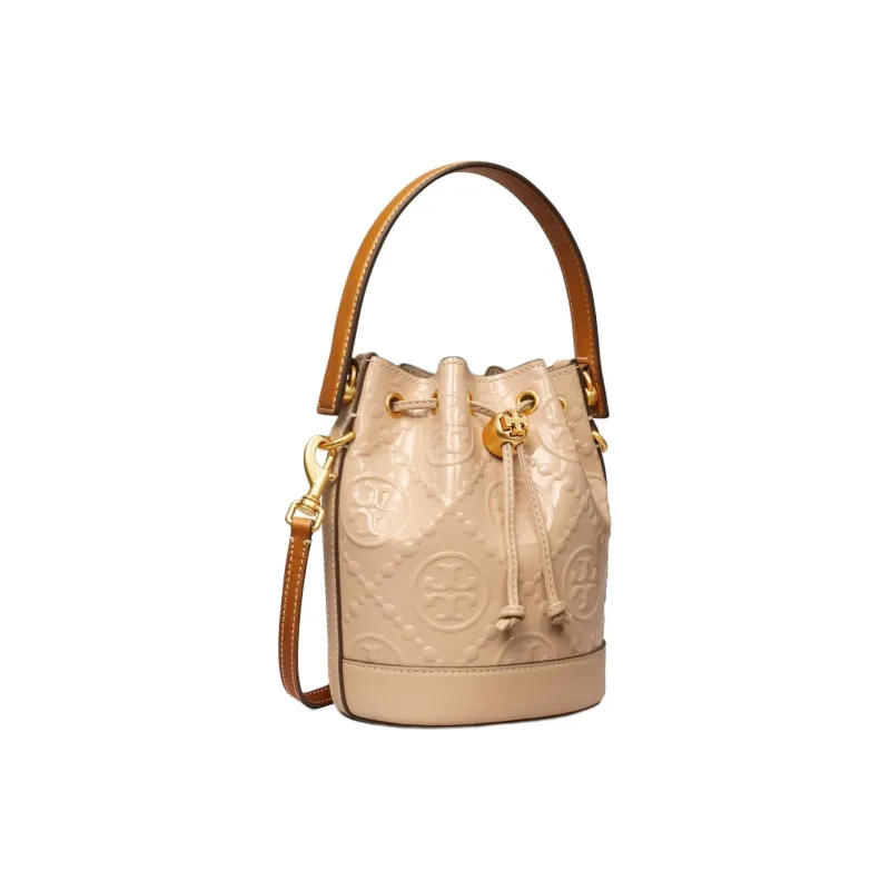 TORY BURCH T Monogram Embossed Leather Bucket Bag, Shoulder Bag, Crossbody Bag, Handbag Mini Women's Light Peach-1