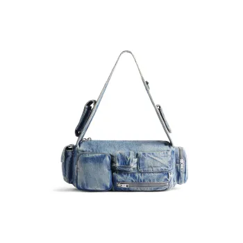Balenciaga Superbusy Washable Denim Handbag Shoulder Bag Small Size Men's Blue