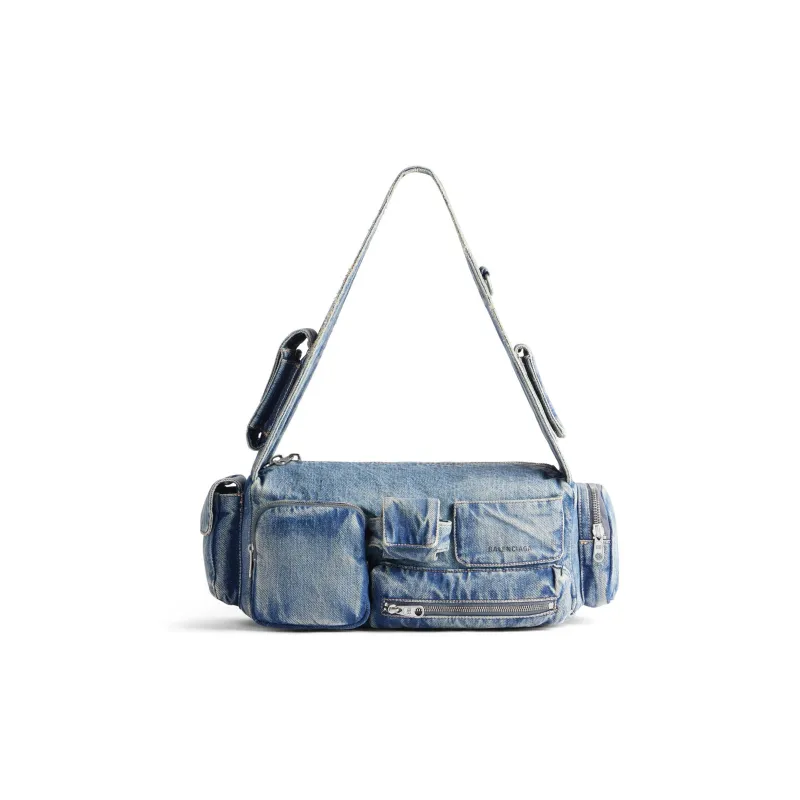Balenciaga Superbusy Washable Denim Handbag Shoulder Bag Small Size Men's Blue-0