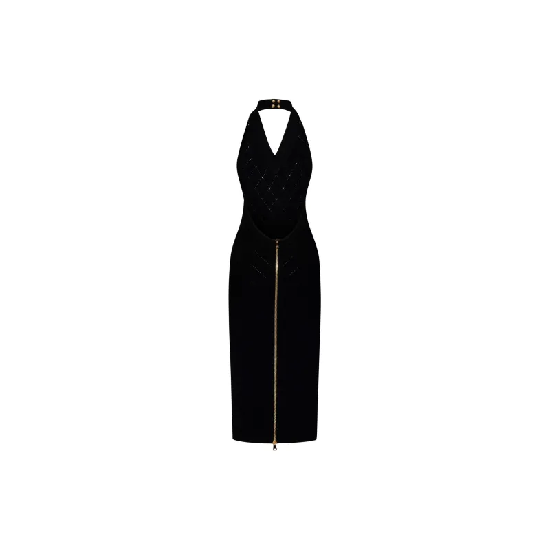 BALMAIN Halterneck Fitted Waist Midi Dress-1
