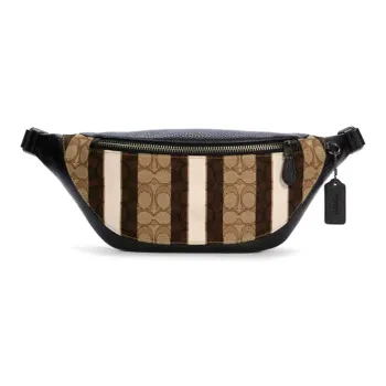 COACH Warren Canvas Cowhide Crossbody Bag Sling Bag Fanny Pack Large Size Men's Khaki Brown And Black Color Blocking