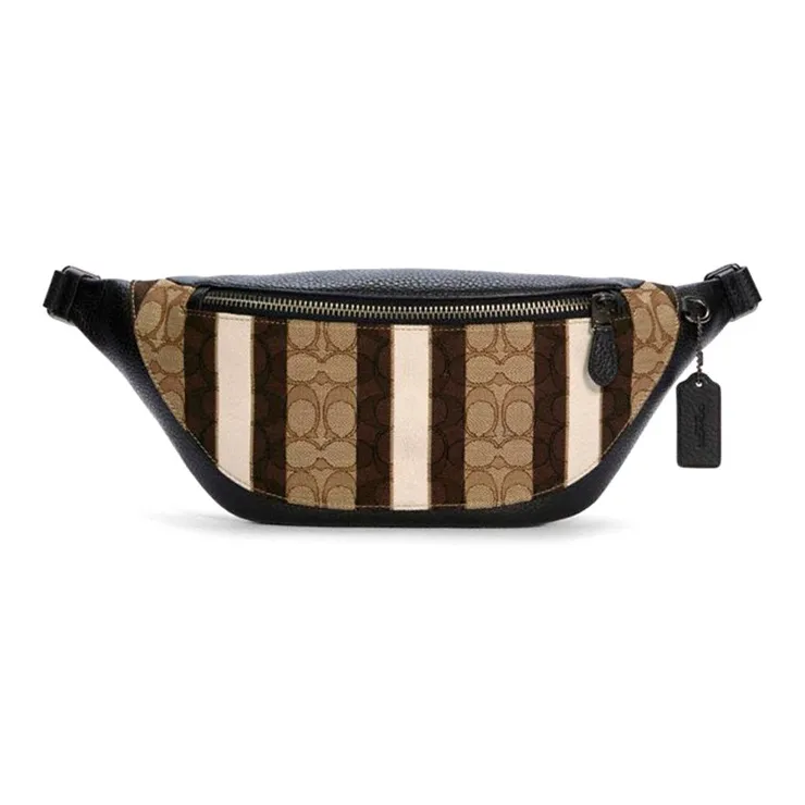 COACH Warren Canvas Cowhide Crossbody Bag Sling Bag Fanny Pack Large Size Men's Khaki Brown And Black Color Blocking-0