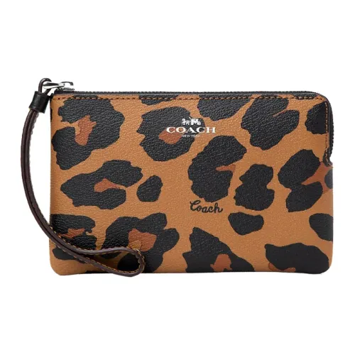 COACH Corner Zip Canvas With Smooth Leather Wallet Wrist Bag Clutch Mini Women's Brown Black
