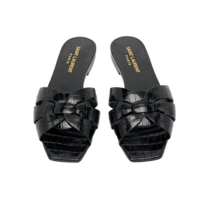 SAINT LAURENT Crocodile-effect Crossover Strap Sandals-3