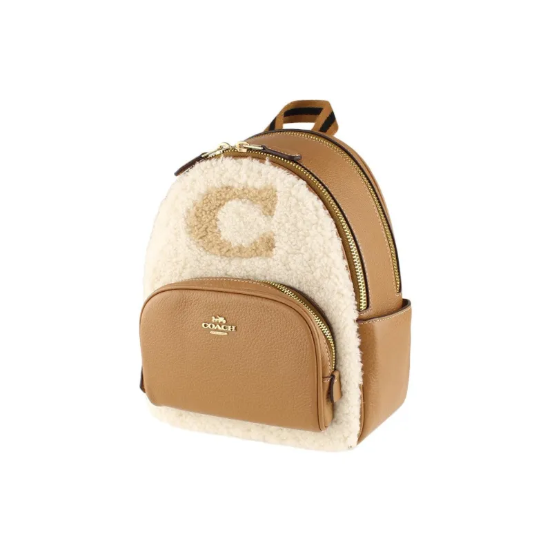 COACH Court Fabric Cow Leather Patchwork Backpack Mini Women's White & Brown-3