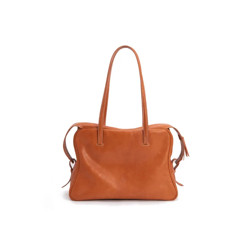Clos Vegetable Tanned Cow Leather Commute One Shoulder Briefcase Women's Caramel Brown/Apricot/Black-2