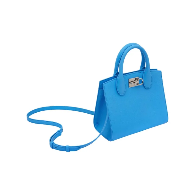 FERRAGAMO Studio Hammered Texture Calfskin Box Bag, Shoulder Bag, Crossbody Bag, Handbag Small Size Women's Light Blue-1