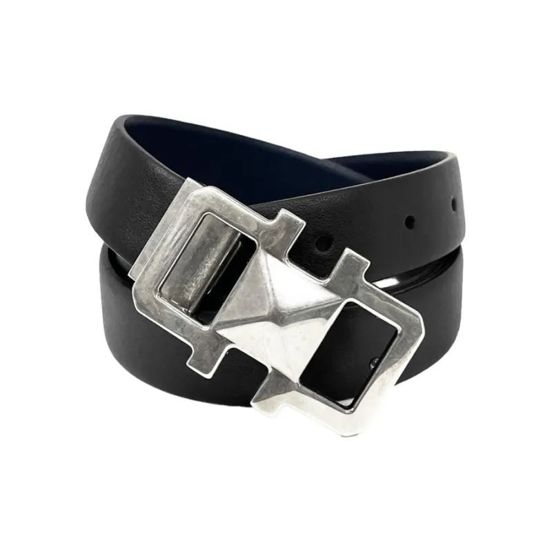 FERRAGAMO Two-Tone Design Leather Belts Unisex Black/Blue Width: 2.5CM-0