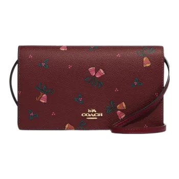 COACH Anna Leather With Coated Canvas Handheld Shoulder Bag, Crossbody Bag Trumpets Women's Cherry Red