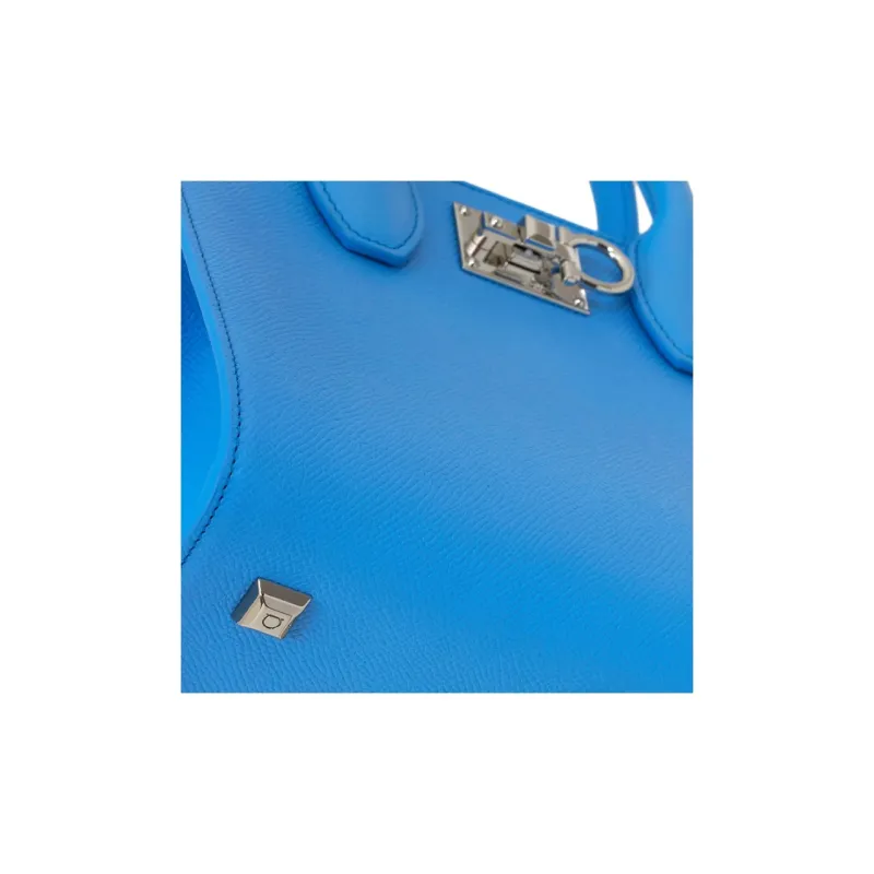 FERRAGAMO Studio Hammered Texture Calfskin Box Bag, Shoulder Bag, Crossbody Bag, Handbag Small Size Women's Light Blue-5
