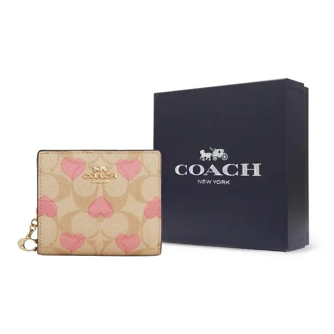 COACH Snap Wallet Iconic Coated Canvas With Smooth Leather Wallet Mini Women's Gold & Light Khaki & Chalk Multicolor-4