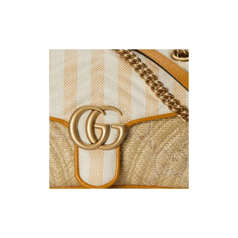 GUCCI Marmont Raffia Patchwork Leather Crossbody Bag Shoulder Bag Small Size Women's Natural Multicolor-7