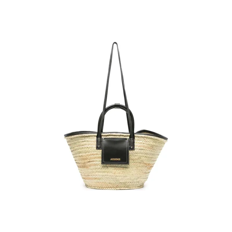 Jacquemus Raffia With Leather Tote Bag, Shopping Bag, Shoulder Bag, Crossbody Bag, Handbag Women's Black-0