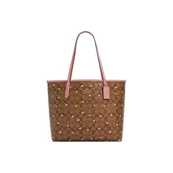 COACH City Canvas With Leather Tote Bag Shopping Bag Handbag Shoulder Bag Women's Khaki Cherry Blossom Pink