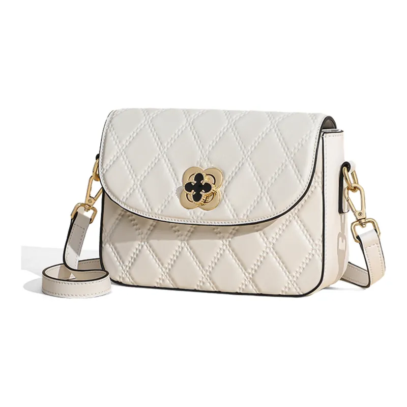 COMELY Cow Leather Patchwork Synthetic Leather Small Square Bag Shoulder Bag Women's Ecru-2