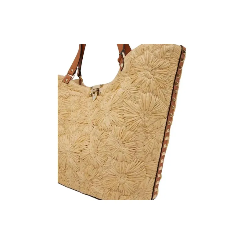 Valentino Rockstud Raffia Tote Bag Shopping Bag Handbag Small Size Women's Natural Bonded Almond-6