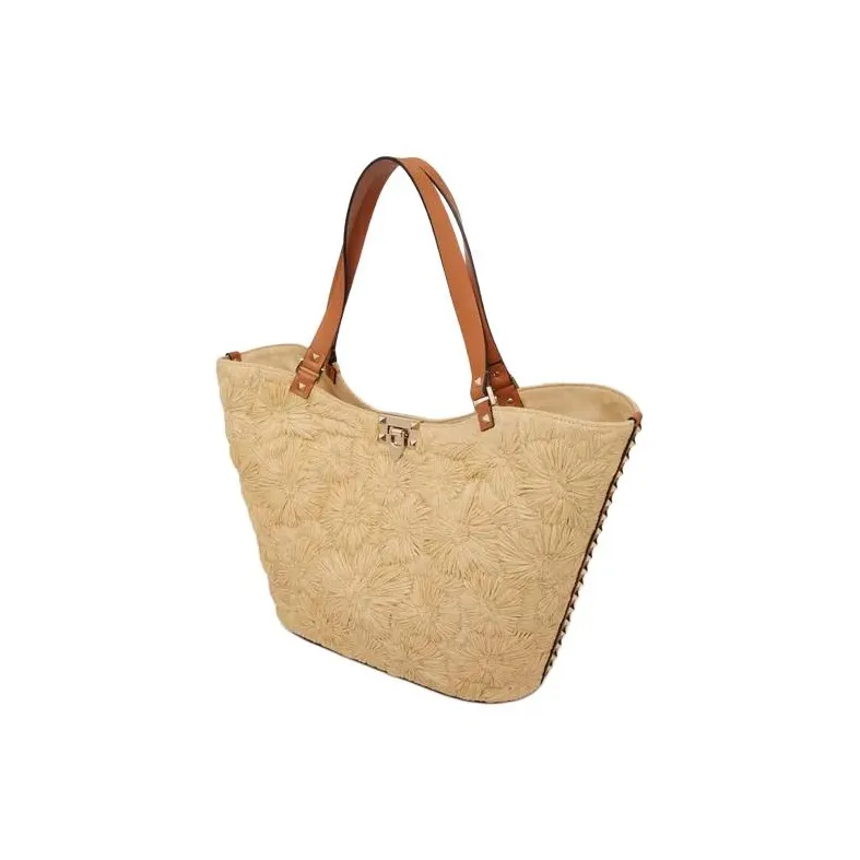 Valentino Rockstud Raffia Tote Bag Shopping Bag Handbag Small Size Women's Natural Bonded Almond-2