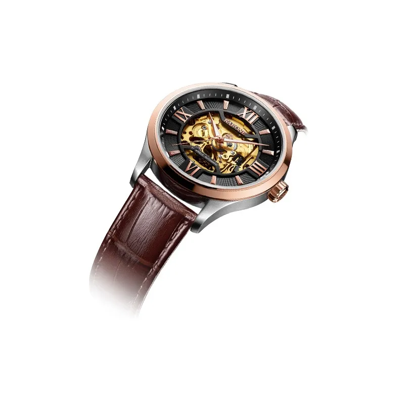 RARONE Warship Series Automatic Mechanical Movement Genuine Leather Strap Watch Men's Watches Cut-Out Dial-3