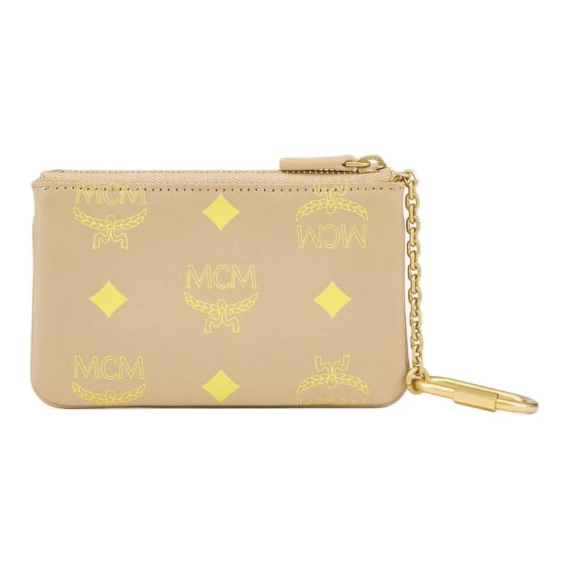 MCM Cow Leather Clutch Coin Purse With Key Pouch Mini Women's Beige-4