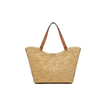 Valentino Rockstud Raffia Tote Bag Shopping Bag Handbag Small Size Women's Natural Bonded Almond