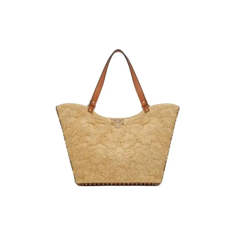 Valentino Rockstud Raffia Tote Bag Shopping Bag Handbag Small Size Women's Natural Bonded Almond-0