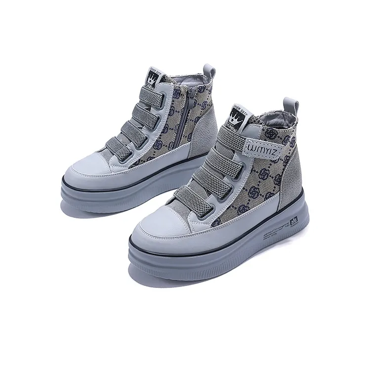 Junjali Abrasion Resistant Lightweight Height Increasing Thermal High Top Casual Shoes 6cm Women's White Gray-1