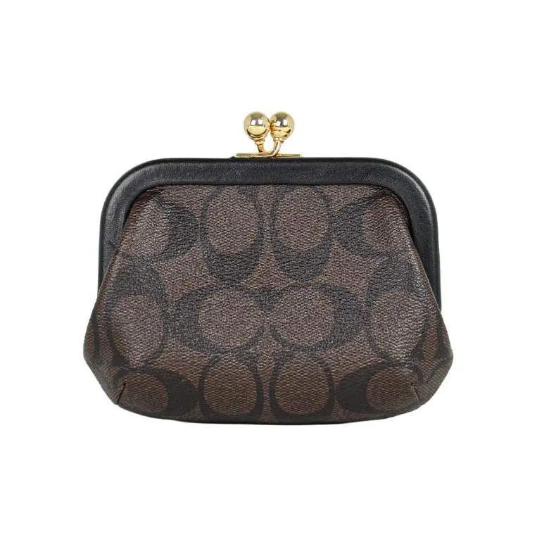 COACH Kisslock Coated Canvas With Smooth Leather Coin Purses Card Holders Regular Women's Brown Black-3