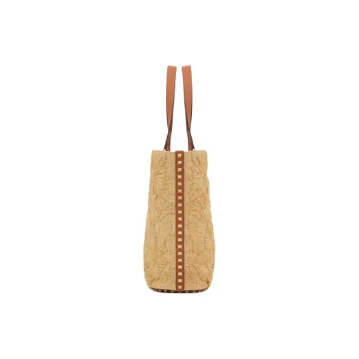 Valentino Rockstud Raffia Tote Bag Shopping Bag Handbag Small Size Women's Natural Bonded Almond-3