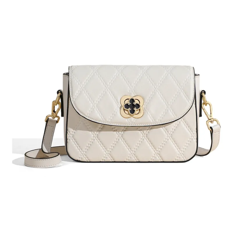 COMELY Cow Leather Patchwork Synthetic Leather Small Square Bag Shoulder Bag Women's Ecru-3
