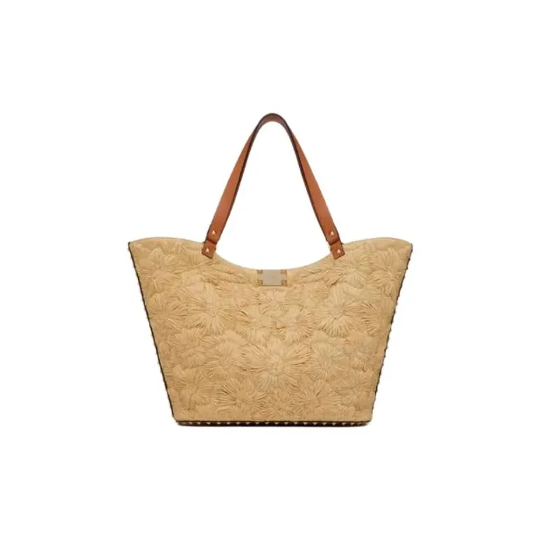 Valentino Rockstud Raffia Tote Bag Shopping Bag Handbag Small Size Women's Natural Bonded Almond-4