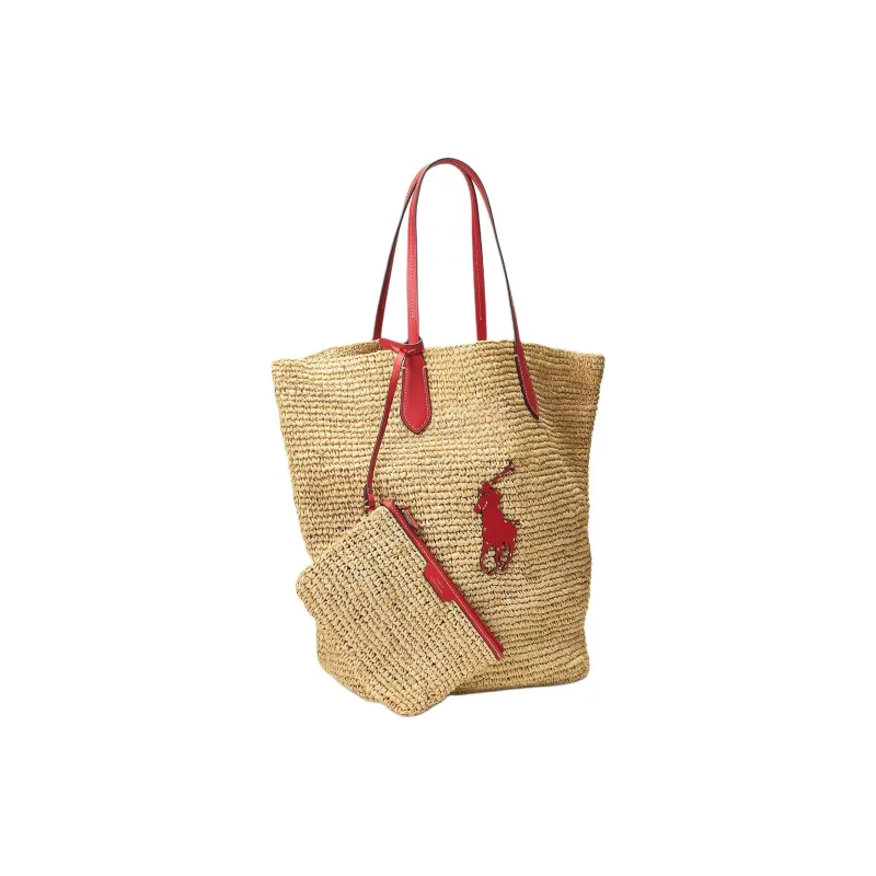 Polo Ralph Lauren Raffia Tote Bag Shopping Bag Shoulder Bag Handbag Large Size Women's Original Multicolor Red-1