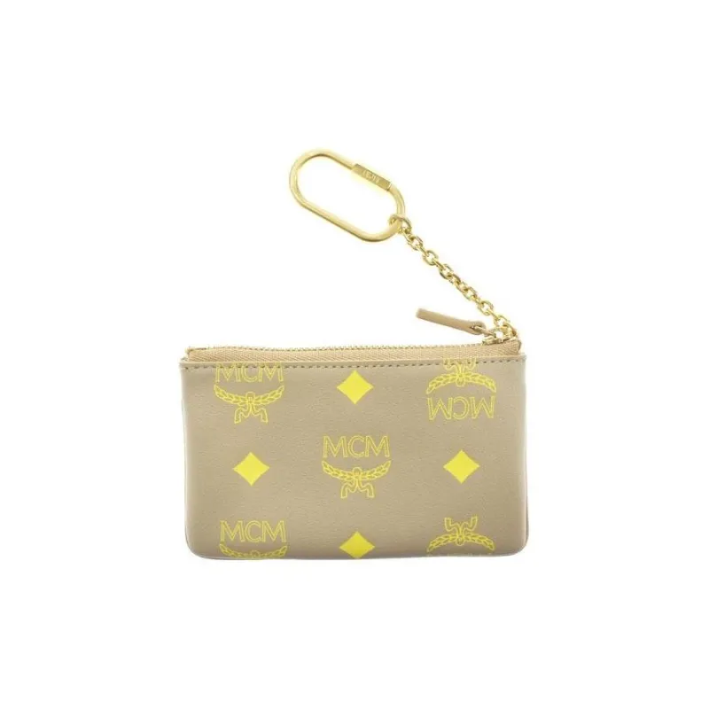 MCM Cow Leather Clutch Coin Purse With Key Pouch Mini Women's Beige-1
