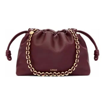 LOEWE Flamenco Soft Nappa Sheep Leather One Shoulder Crossbody Clutch Medium Size Women's Dark Burgundy Red