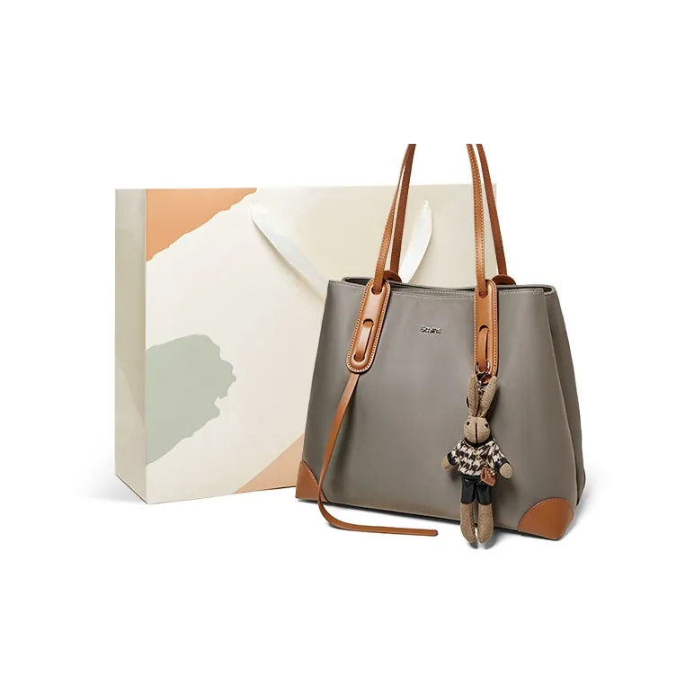 15 MINS Fabric Mom Bag Tote Bag Shoulder Bag Large Size Women's Khaki Brown/Black-0