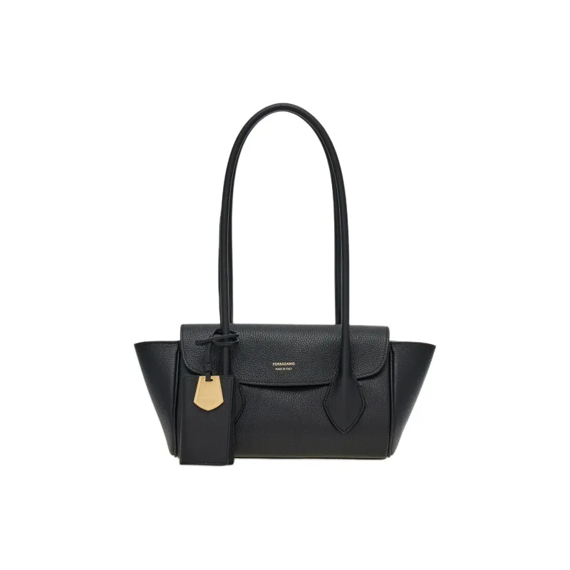 FERRAGAMO Stamped Calfskin Bowling Bag Handbag Shoulder Bag Women's Black-0