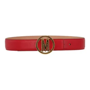 MOSCHINO Emblem Logo Smooth Buckle Leather Belts Unisex Red Width 3.5CM