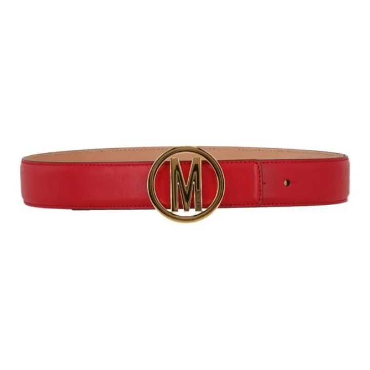 MOSCHINO Emblem Logo Smooth Buckle Leather Belts Unisex Red Width 3.5CM-0
