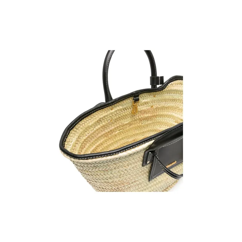 Jacquemus Raffia With Leather Tote Bag, Shopping Bag, Shoulder Bag, Crossbody Bag, Handbag Women's Black-3