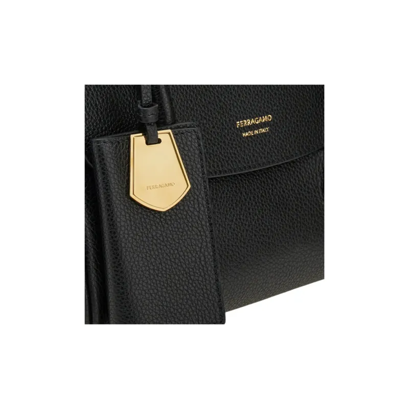 FERRAGAMO Stamped Calfskin Bowling Bag Handbag Shoulder Bag Women's Black-3