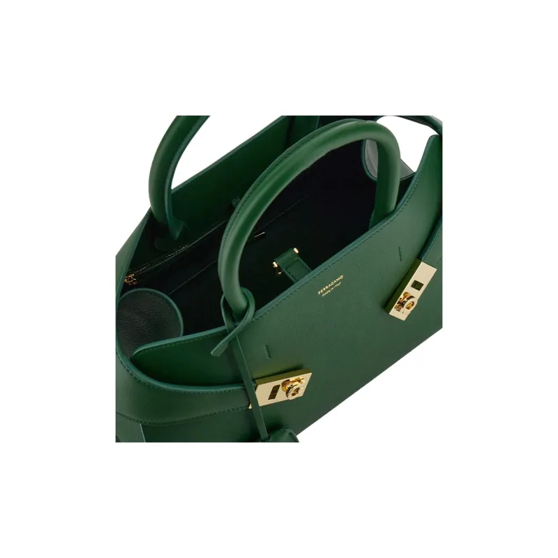FERRAGAMO GANCINI Grained Calfskin Shoulder Bag Crossbody Bag Handbag Small Size Women's Forest Green-5