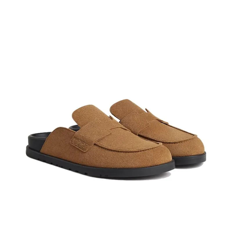 HERMES Go Rubber Sole Wrap toe Slippers Men's Brown-2