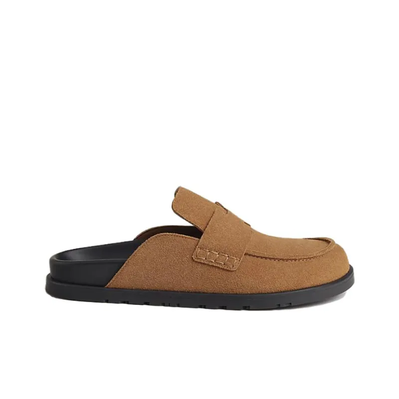 HERMES Go Rubber Sole Wrap toe Slippers Men's Brown-1