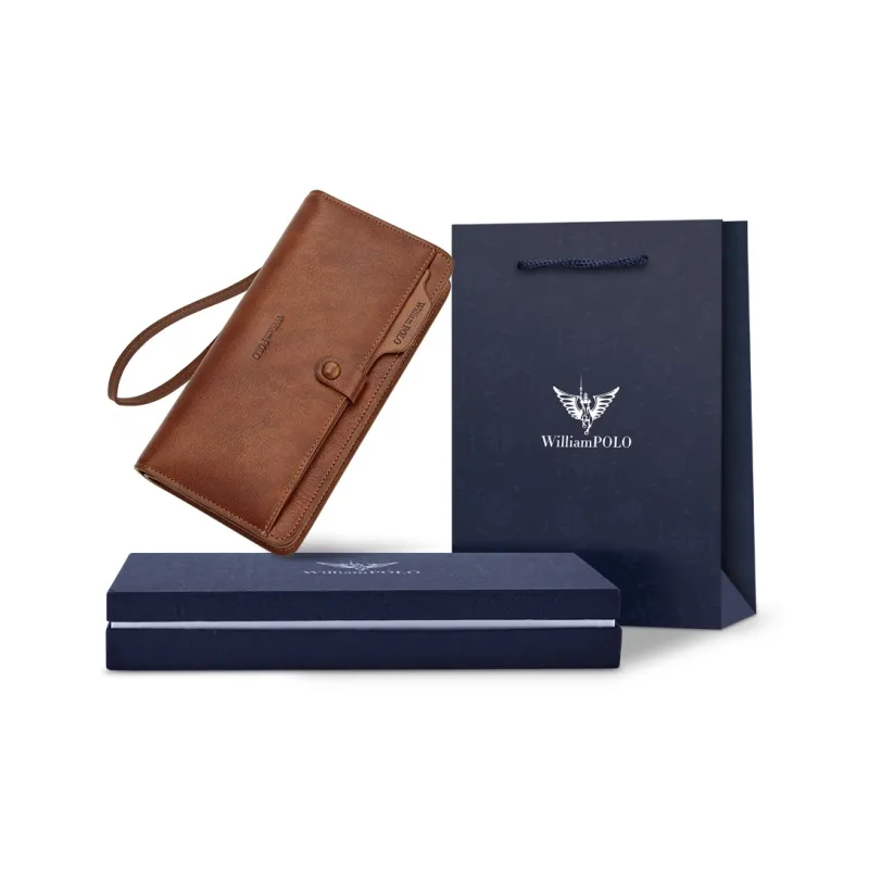 WilliamPOLO Cow Leather Wallet With Multiple Card Slots Clutch Can Hold Cell Phone Money Clip Regular Men's Brown/Red-5