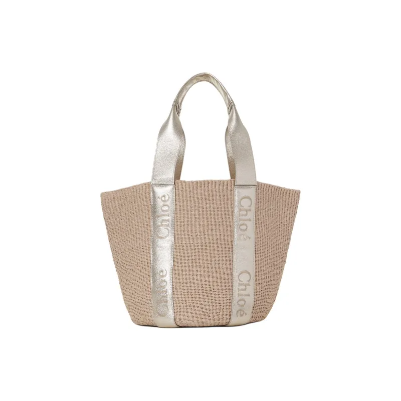 Chloe Woody Calfskin One Shoulder Handbags Large Size Women's Light Gold-1