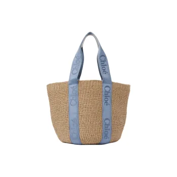 Chloe Woody With Calfskin Basket Bag, One Shoulder Handbag Tubas Women's Washed Blue & Beige