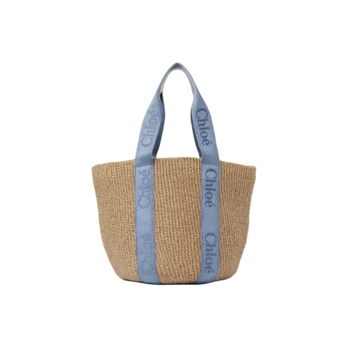 Chloe Woody With Calfskin Basket Bag, One Shoulder Handbag Tubas Women's Washed Blue & Beige