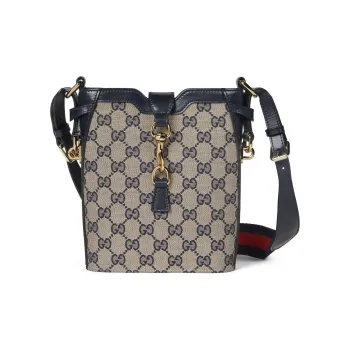 GUCCI Original Canvas With Leather Bucket Shoulder Bag Crossbody Bag Small Size Women's Beige & Blue